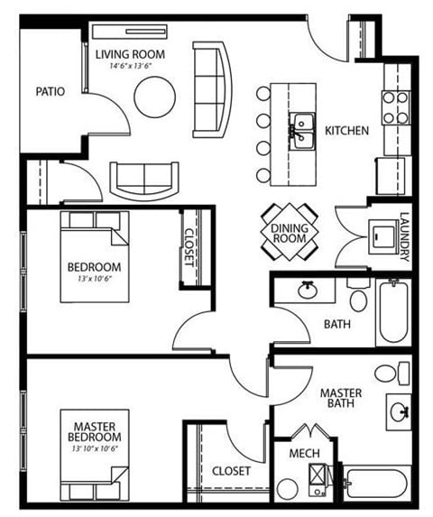 Floor plan for 2 beds, 2 baths, 945 sqft